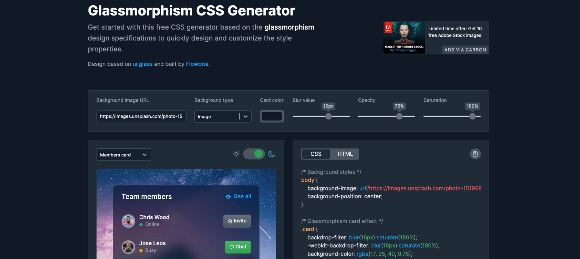 Glassmorphism CSS Generator